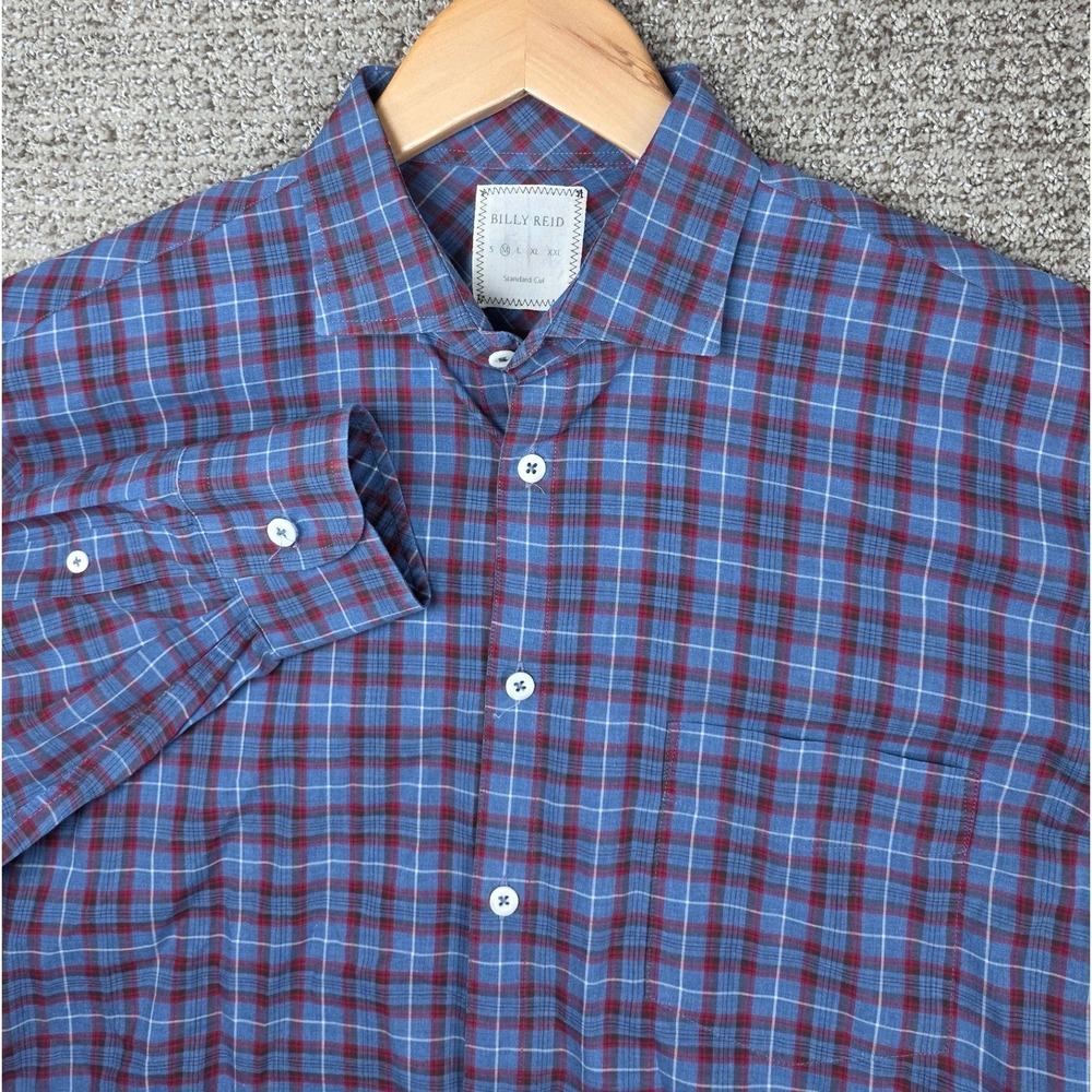 Billy Reid Mens Medium Standard Cut Long Sleeve Button Down Plaid Shirt Blue Red